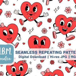 Retro Cartoon Herz auf Weiß Nahtlose Muster Kommerzielle Nutzung, niedliche Valentines Cartoon Illustration Nahtlos, Cartoon Herz Charakter Muster