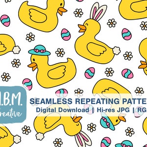 Easter Rubber Duckies on White Seamless Repeat Pattern Commercial Use, Kids Easter Seamless File, Cute Easter Duck Digital Download