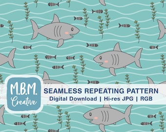 Cute Shark & Fishies on Aqua Seamless Repeat Pattern for Commercial Use, Ocean Animal Kids Seamless File, Swimming Sharks Digital Download