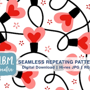 Valentine Heart Lights: Pink on White Seamless Repeat Pattern Commercial Use, Valentine&#39;s Day Seamless File, Hearts Digital Download