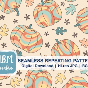 Groovy Pumpkins in Orange & Teal Seamless Repeat Pattern Commercial Use, Retro Hippie Autumn Seamless File, Cute 70s Fall Pumpkin Download
