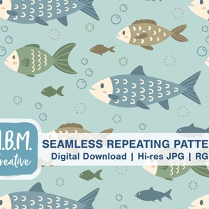 May include: Seamless repeating pattern featuring blue, green, and brown fish with white details on a light blue background. The pattern includes the text "M.B.M. Creative" and "Seamless Repeating Pattern" with the words "Digital Download | Hi-res JPG | RGB" below.