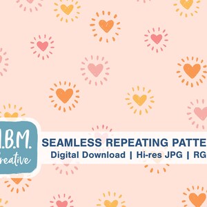 May include: A seamless repeating pattern featuring pink, orange, and yellow hearts with sunburst rays on a light pink background. The text "M.B.M. Creative" is in the lower left corner of the image.
