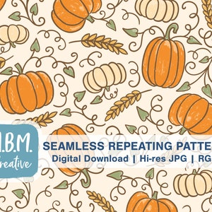 May include: A seamless repeating pattern featuring orange and white pumpkins, wheat stalks, and green vines with swirls on a cream background. The text "M.B.M. Creative" is in a blue box in the bottom left corner. The text "SEAMLESS REPEATING PATTERN Digital Download | Hi-res JPG | RGB" is in black text on a white background in the bottom centre of the image.