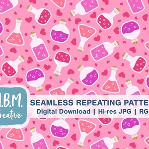 Love Potion Seamless Repeat Pattern for Commercial Use, Valentines Day Seamless File, Cute Potion Bottle Digital Download