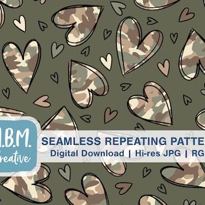 May include: A seamless repeating pattern featuring camouflage hearts on a green background. The hearts are outlined in black and have a brown, green, and beige camouflage pattern. Smaller hearts are scattered throughout the pattern in shades of brown and pink.