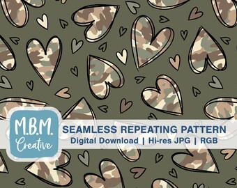 Camo Hearts Seamless Pattern Commercial Use, Camouflage Patterned Hearts Seamless, Boy Valentine's Day Pattern