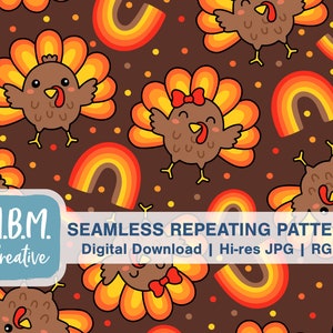 Kawaii Turkeys and Rainbows on Brown Seamless Repeat Pattern Commercial Use, Fall Turkey Seamless File, Cute Autumn Digital Download