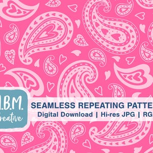 May include: A seamless repeating pattern featuring pink paisley shapes with white outlines and small white hearts on a pink background. The text "M.B.M. Creative" is at the bottom of the image.