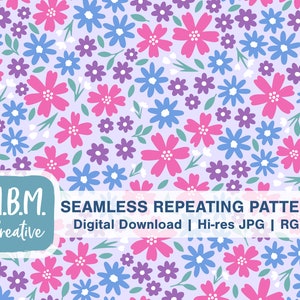 Floral Flourish: Pink Purple & Blue Repeatless Repeat Pattern Utilisation commerciale, Spring Flowers Seamless File, Flower Garden Digital Download