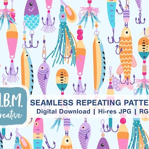 Fishing Lures on Light Blue Seamless Repeat Pattern for Commercial Use, Fish Hooks Seamless File, Outdoor Sport Fisherman Digital Download