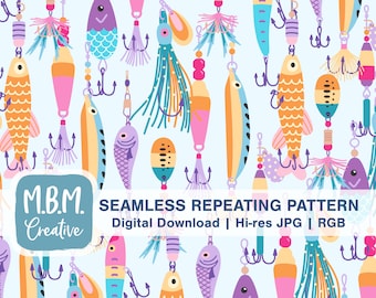May include: A seamless repeating pattern featuring colorful fishing lures. The lures are in various shapes and sizes, including fish, spoons, and jigs. The background is a light blue color.