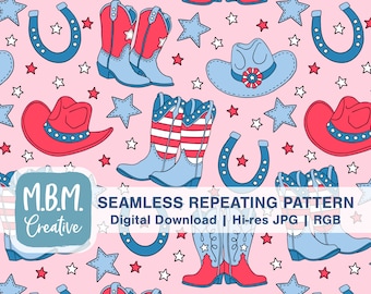 Patriotic Cowboy on Pink Seamless Repeat Pattern Commercial Use, Cowgirl Hat & Boots, Red White and Blue, July 4th Seamless File