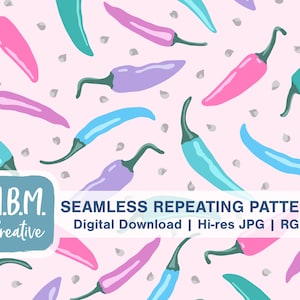 Hot Peppers in Crazy Pastel Colors on PInk Seamless Repeat Pattern for Commercial Use, Vegetable Seamless File, Food Pepper Digital Download