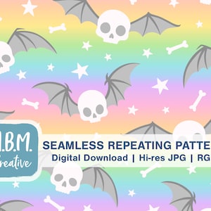 Geflügelte Schädel auf Pastell Regenbogen nahtlose Wiederholungsmuster kommerzielle Nutzung, gruselige Fledermausknochen nahtlose Datei, spooky Halloween digitaler Download