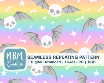 Gevleugelde schedels op pastel regenboog naadloze terugkeerpatroon commercieel gebruik, griezelig vleermuis botten naadloze bestand, spookachtige Halloween digitale download