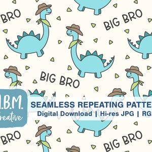 Dino Geschwister: Big Bro Cowboy Dino Seamless Repeat Muster kommerzielle Nutzung, Süße Kinder Nahtlose Datei, Handgezeichnet Dinosaurier Digitaler Download