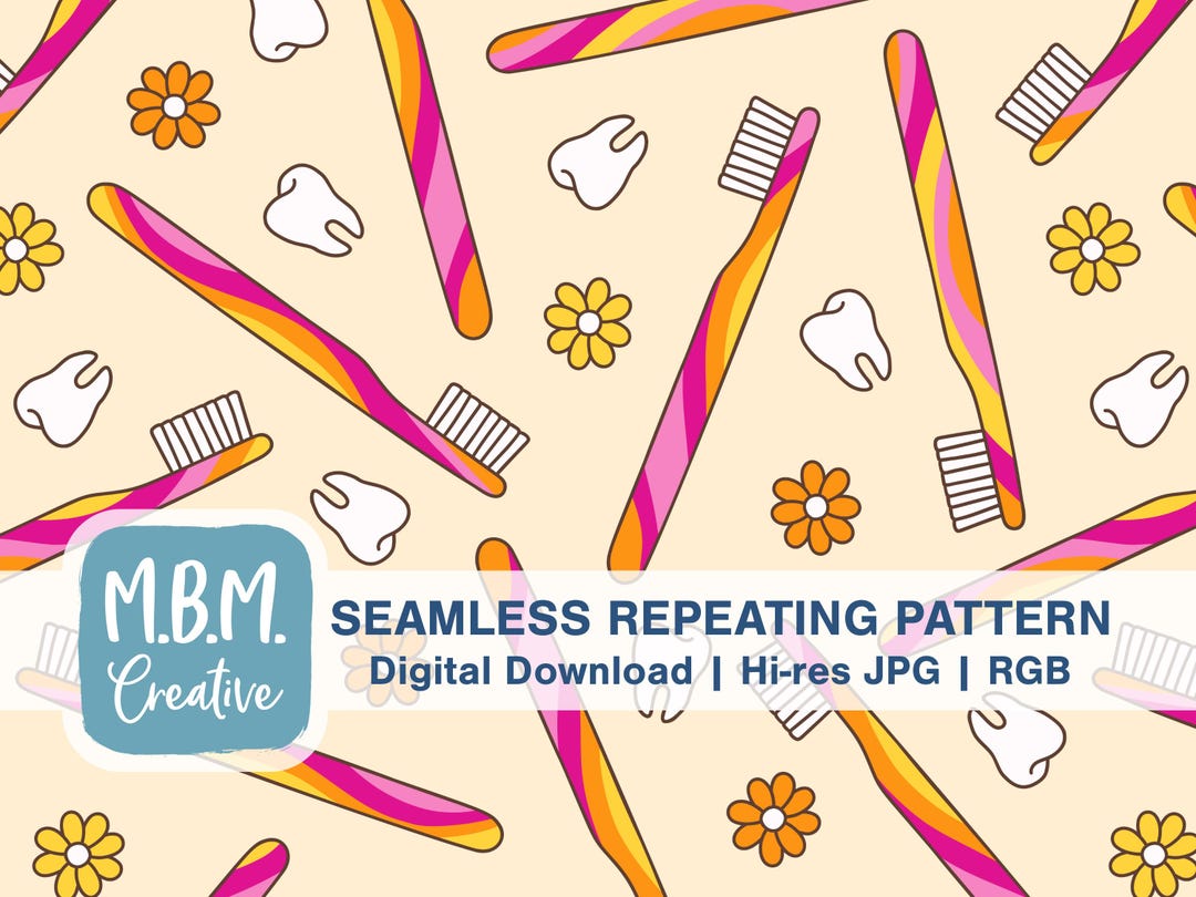 Groovy Toothbrushes in Pink Orange & Yellow Seamless Repeat Pattern for ...