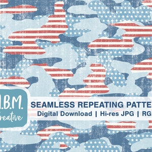 May include: Seamless repeating pattern digital download featuring a blue, red, and white camouflage design with a distressed, vintage look. The pattern is made up of American flag elements and stars.