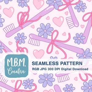 Toothbrushes, Bows & Hearts on Pink Seamless Repeat Pattern for Commercial Use, Dental Hygienist Dentist Digital Download