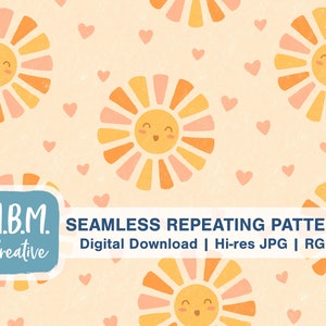 Cute Sunshine & Hearts Seamless Repeat Pattern for Commercial Use,  Kids Seamless File, Kawaii Sun Digital Download