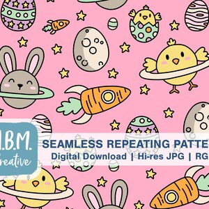 May include: A seamless repeating pattern featuring a pink background with various Easter-themed illustrations, including bunnies, chicks, eggs, carrots, and stars. The text "M.B.M. Creative" and "SEAMLESS REPEATING PATTERN Digital Download | Hi-res JPG | RGB" is also included.
