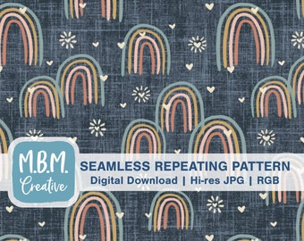Boho Rainbows &Hearts on Blue para uso comercial, Boho Baby Digital Download, Rainbow Seamless File