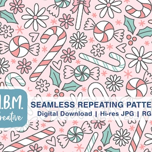 Candy Cane Floral in Pastels Seamless Repeat Pattern for Commercial Use, Pink Christmas Digital Download, Holiday Seamless File