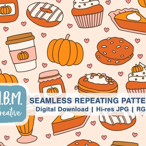 May include: A seamless pattern featuring a variety of fall-themed illustrations, including pumpkins, donuts, cupcakes, pie, coffee, and milkshakes. The background is a light peach color with pink hearts scattered throughout. The text "M.B.M. Creative" and "SEAMLESS REPEATING PATTERN" is included in the design.
