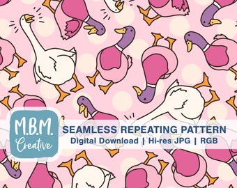 May include: A seamless repeating pattern featuring pink and white geese on a pink background with white polka dots. The geese are drawn in a cartoon style with simple lines and bright colors. The pattern is perfect for fabric, wallpaper, or other creative projects.