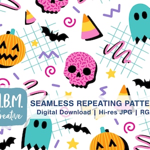 90-tals Halloween på vitt sömlöst upprepat mönster kommersiellt bruk, läskigt sött djärvt geometriskt sömlöst fil, spökpumpa skalle nedladdning