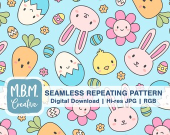 Kawaii Easter on Blue Seamless Repeat Pattern Commercial Use, Kids Easter Seamless File, Cute Bunny Carrot Flower Egg Digital Download