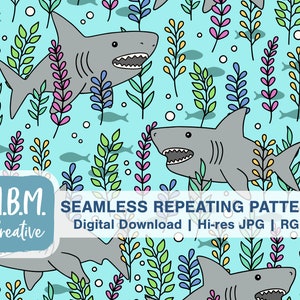 Sharks on Aqua Seamless Repeat Pattern Commercial Use, Cute Kids Seamless File, Underwater Ocean Animal Download