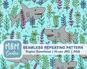 Sharks on Aqua Seamless Repeat Pattern Commercial Use, Cute Kids Seamless File, Underwater Ocean Animal Download