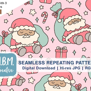 Sleeping Santas on Light Pink Seamless Repeat Pattern Commercial Use, 3 Skin Tones Cute Santa File, Kids Christmas Pajama Print Download