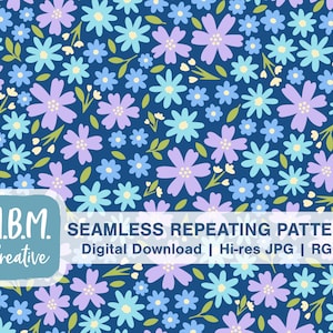 Peut inclure: Un motif sans couture répétitif présentant une variété de fleurs bleues, violettes et blanches sur un fond bleu foncé. Le motif est parfait pour une utilisation dans l'artisanat, le scrapbooking et d'autres projets créatifs.