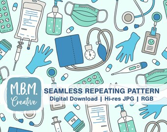 Medical Pattern on Green Seamless Pattern Commercial Use, Cute Nurse Seamless Repeat Pattern, Healthcare Nursing Digital Pattern