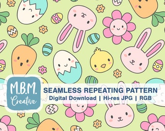Kawaii Easter on Green Seamless Repeat Pattern Commercial Use, Kids Easter Seamless File, Cute Bunny Carrot Flower Egg Digital Download