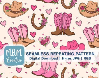 Cowgirl Valentines: Pink on Cream Seamless Pattern Commercial Use, Pink Cowboy Boot Hat Illustration Seamless, Wild West Heart Pattern