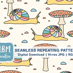 Lumaca pastello e fungo senza soluzione di continuità modello di ripetizione su blu per uso commerciale, file carino per bambini senza soluzione di continuità, download digitale di funghi