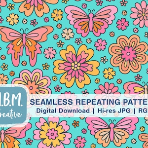 Butterfly Floral: Aqua & Warm Brights Seamless Repeat Pattern Commercial Use, Retro Spring Seamless File, Flowers Insects Digital Download