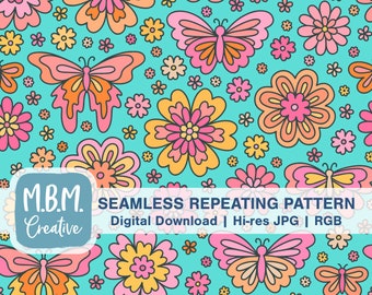 Schmetterling Floral: Aqua & Warm Brights nahtlose Wiederholungsmuster kommerzielle Nutzung, Retro Frühling nahtlose Datei, Blumen Insekten digitaler Download