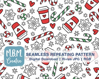 Coffee Peppermint Hearts & Snowflakes Traditional Colors Seamless Repeat Pattern Commercial Use, Christmas Digital Download, Winter Seamless