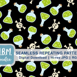 Poison Potion Seamless Repeat Pattern for Commercial Use, Halloween Seamless File, Green Potion Skulls Digital Download