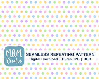 May include: A seamless repeating pattern digital download featuring a white background with pastel colored polka dots. The text "M.B.M. Creative" and "SEAMLESS REPEATING PATTERN Digital Download | Hi-res JPG | RGB" is at the bottom of the image.