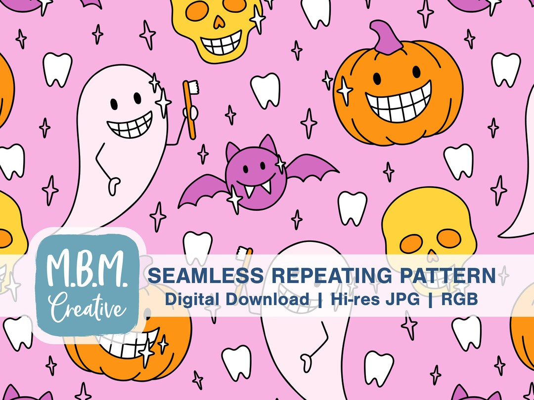 Halloween Dental Seamless Repeat Pattern on Pink, Spooky Smiling Teeth ...