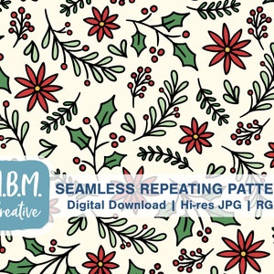Holiday Botanicals in Red & Green for Commercial Use, Christmas Branches Digital Download, Winter Floral Seamless File