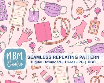 Medical Pattern on Pink Seamless Pattern Commercial Use, Cute Nurse Seamless Repeat Pattern, Healthcare Nursing Digital Pattern