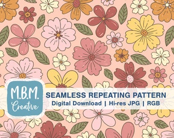 Nostalgic Blossoms on Vintage Peach Seamless Repeat Pattern Commercial Use, Pretty Retro Flowers Seamless File, Spring Floral Pattern