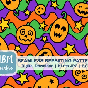Groovy Pumpkins Seamless Repeat Pattern Commercial Use, Funky Silly Halloween Seamless File, Creepy Cute Jack-o&#39;-Lantern Digital Download